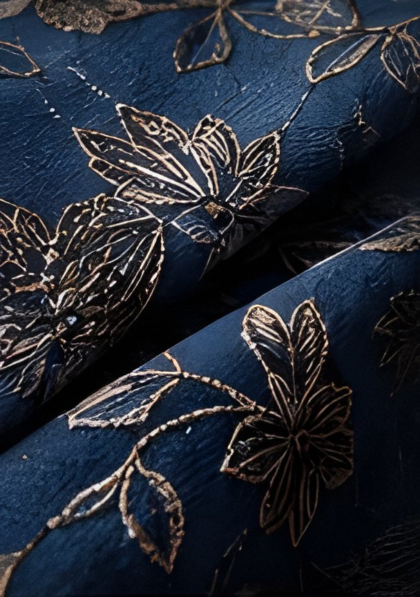 Navy fabric with ornate gold floral embroidery