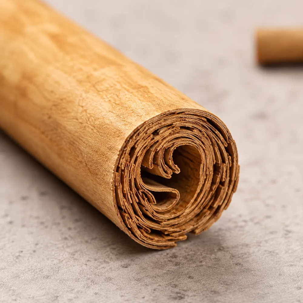 A Ceylon cinnamon quill showing its paper-thin rolled layers