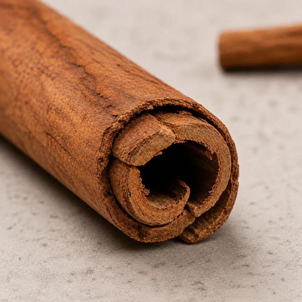 A single thick, hard curl of cassia bark