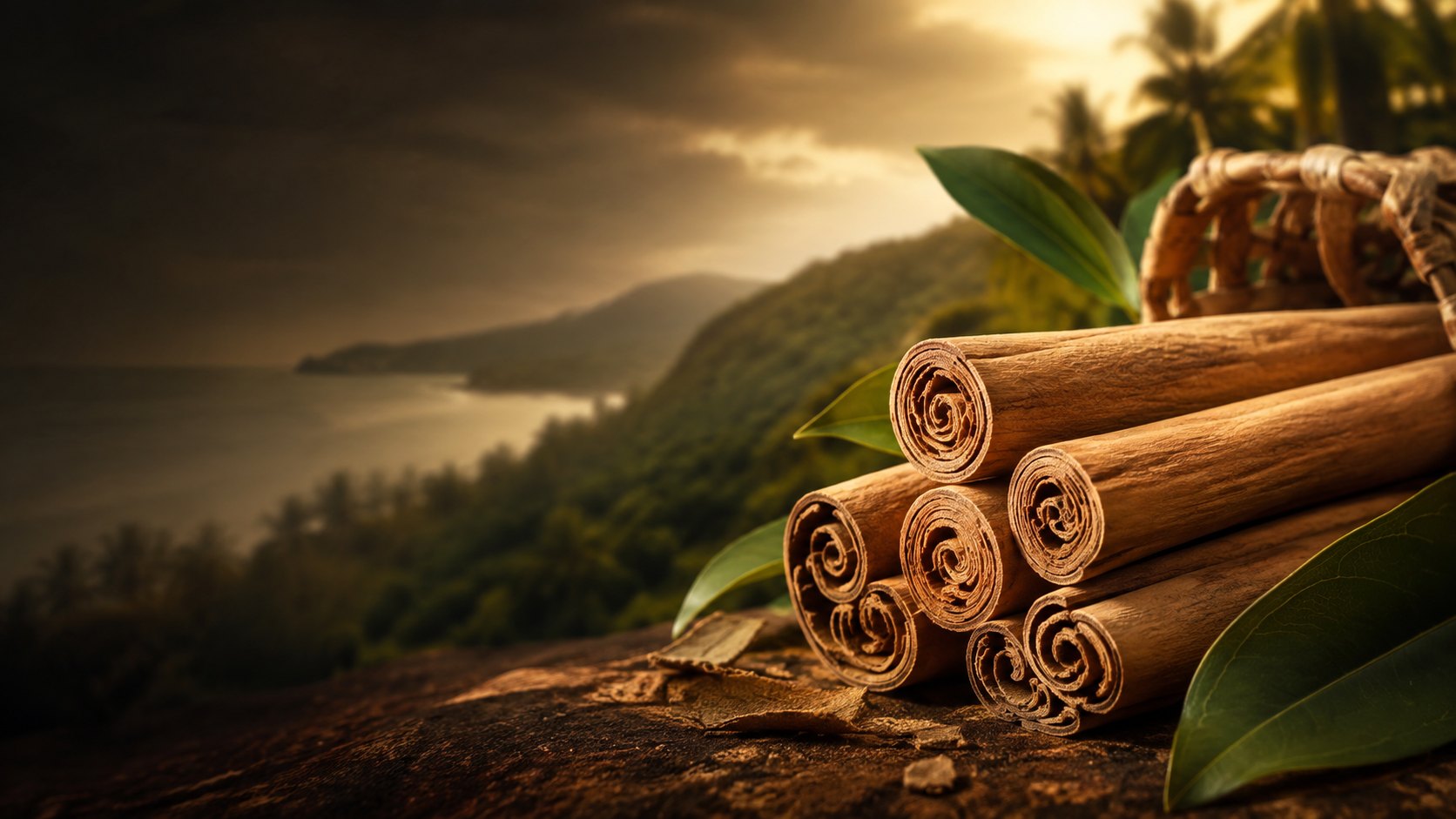 Hand-rolled Ceylon cinnamon quills above the Sri Lankan coast