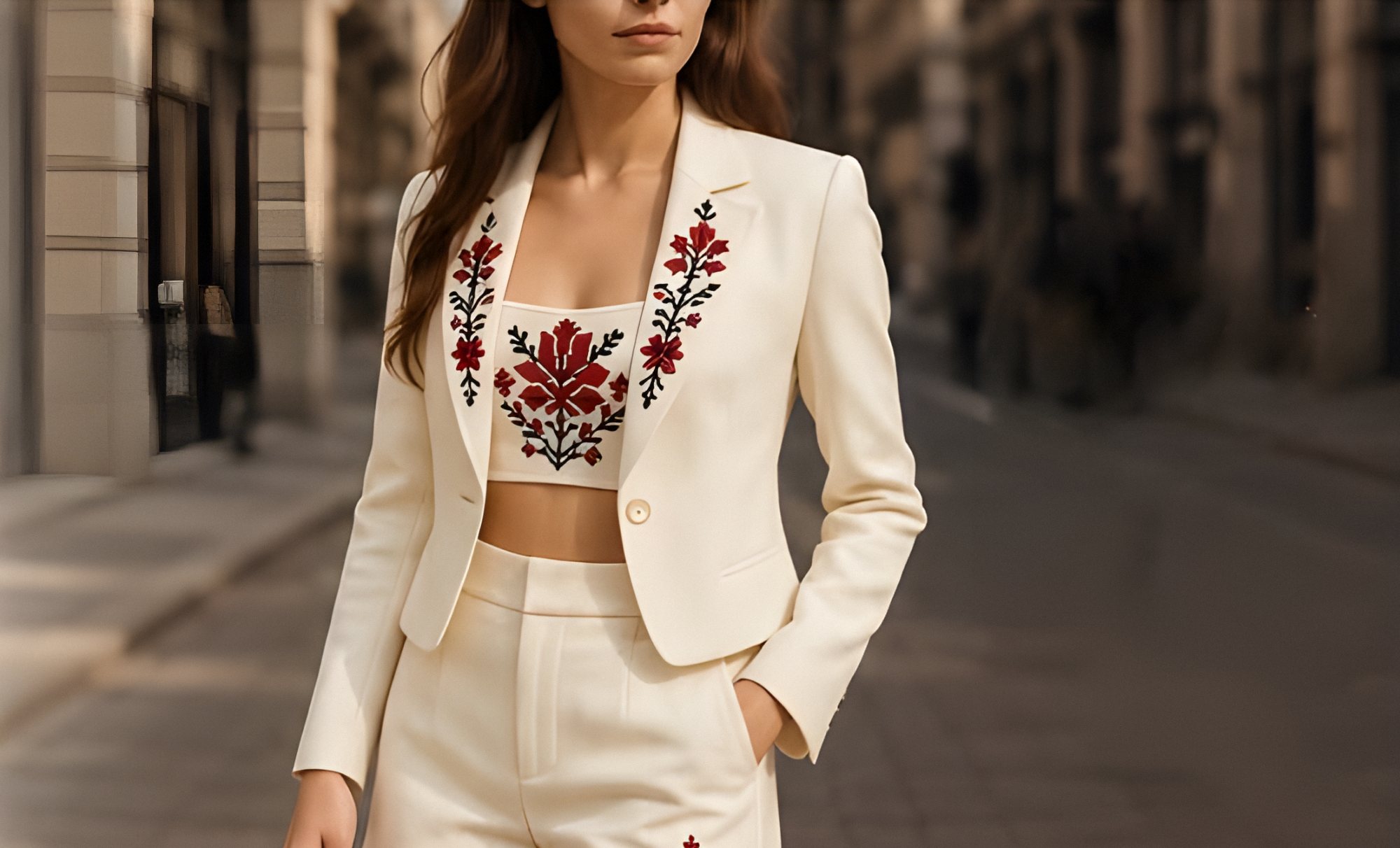 Lalora Luxe embroidered ivory blazer and matching trouser set