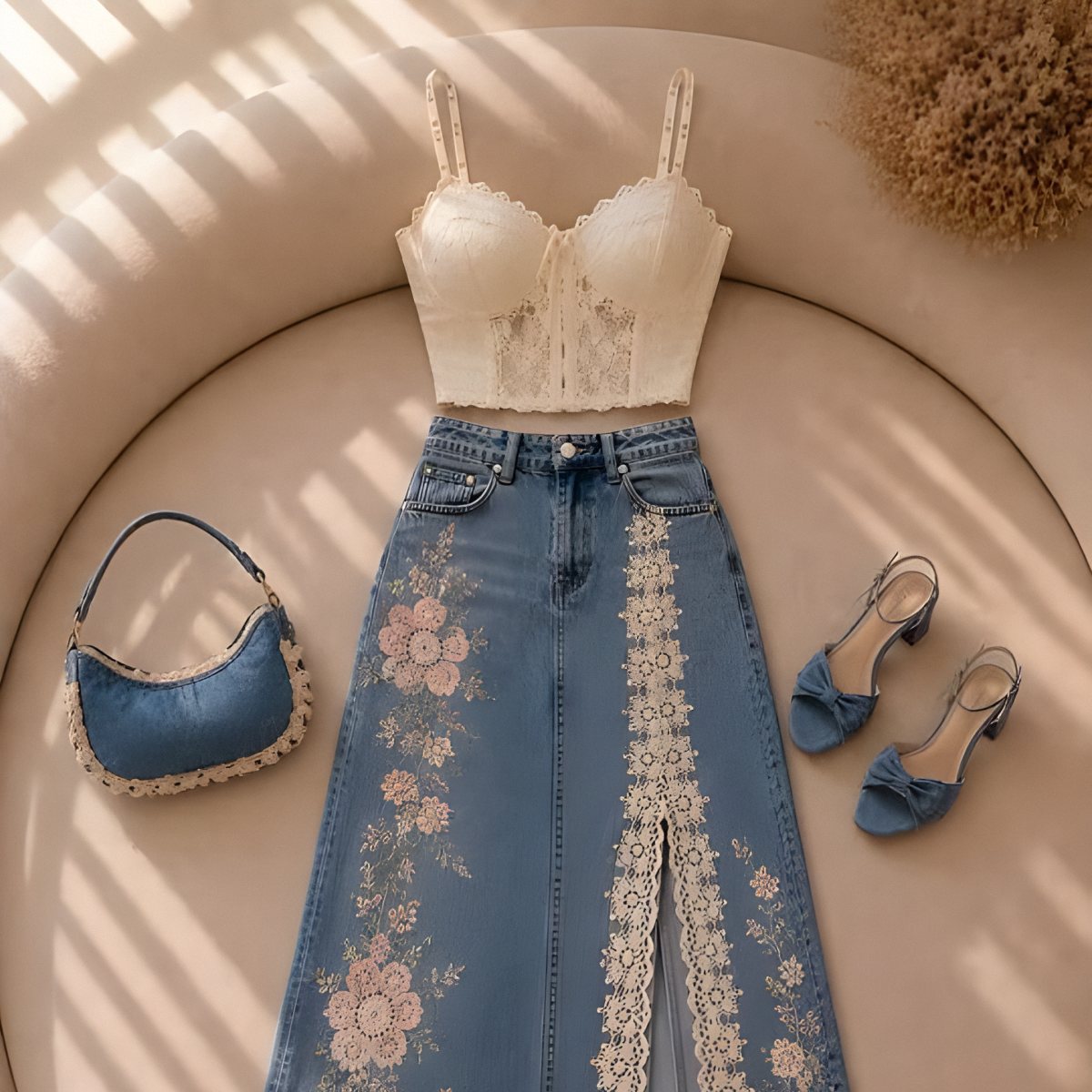 The Denim Edit flat lay: lace corset top, embroidered denim skirt, bag and sandals