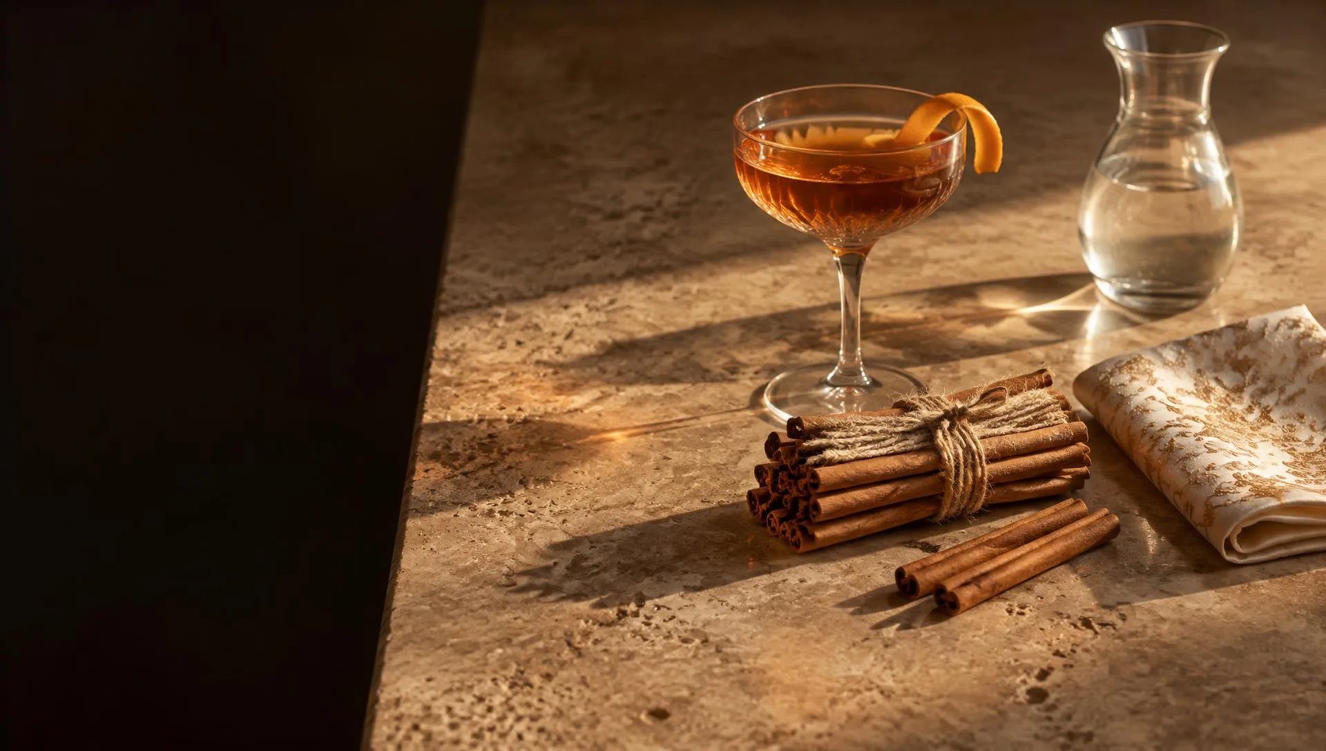 A travertine table in late afternoon light with an amber cocktail, Ceylon cinnamon quills tied with jute, embroidered ivory silk and a glass carafe